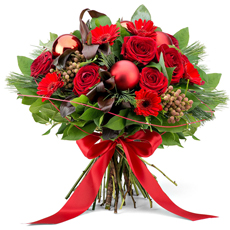 Wish them a very Happy Holiday season with our stunning red festive bouquet crafted from roses, Gerbera daisies, Christmas ornaments, and seasonal greenery.
