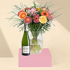 Put a smile on someone&#39;s face with a delightful bouquet of fresh Gerbera daisies in bright sorbet colors paired with delicious Léon & Lucien Champagne.