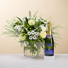 As bright as a twinkling diamond, we present you this stylish bouquet, all in white. Accompanied with an fine bottle of Pommery Champagne for a luxury gift experience.