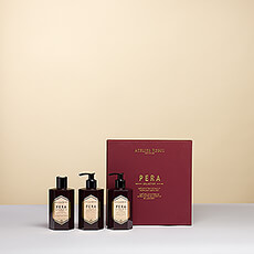 Envie d'offrir un cadeau original à quelqu'un qui souhaite s'offrir un moment de détente et de soin ? Choisissez ce coffret cadeau de luxe avec des produits de soins corporels uniques de la marque française Atelier Rebul. Ce magnifique coffret cadeau Pera contient un gel douche, un savon liquide et une lotion pour les mains et le corps.