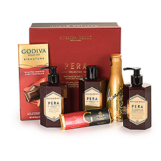 Want to give someone an original gift for a moment of relaxation and care? Choose this luxury gift box with unique body care products from the French brand Atelier Rebul and Godiva chocolate. This beautiful Pera gift set contains a shower gel, liquid soap and a lotion for hands & body, as well as a dark roasted almond chocolate tablet and a dark raspberry chocolate bar from the Belgian maître chocolatier Godiva. And as a little extra a bottle of BeSecco zero alcohol aperitif.