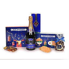 Delicious Jules Destrooper biscuits, tasty Gianduja chocolates, Leonidas Mendiants in three flavours and, as the topper, a bottle of Pommery Brut Royal champagne make up a tasteful and sparkling end-of-year gift.