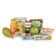 Send this breakfast gift box to someone special and surprise them with healthy snacks and drinks for a great start of the day! Fresh fruit, a juice and a smoothie, wholesome bars and snacks, granola and more.