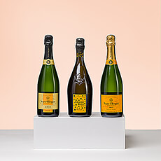L'ultime cadeau VIP: une dégustation de champagne Veuve Clicquot comprenant trois magnifiques cuvées de la maison légendaire. Découvrez les bouteilles de 75cl de l'effervescent La Grande Dame Artist, du luxueux Veuve Clicquot Vintage 2015 Reserve et du classique Veuve Clicquot Brut.