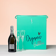 Send your affection with this charming La Jara organic Prosecco Brut gift with a pair of glasses.