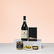 Enjoy the perfect pairing of a Barbera d&#39;Alba Vigna Veja red wine with gourmet European savory snacks. This wine & snacks gift is an easy choice when you need a gift that will please your family, friends, or colleagues.