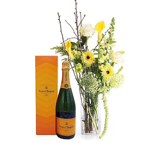 Stylish Yellow Bouquet In Vase + Veuve Radiant