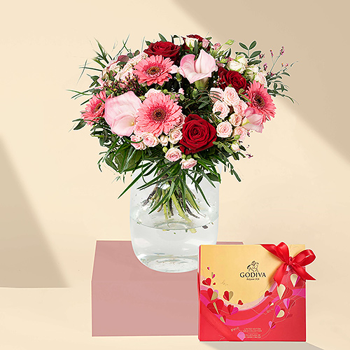Pink & Red Bouquet Medium & Godiva Chocolates With Love