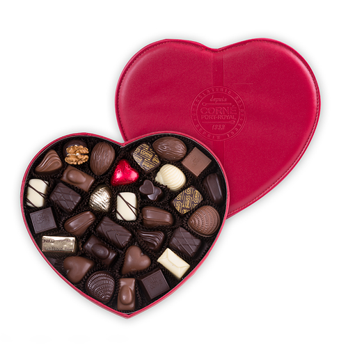Corné Port-Royal Boîte Coeur en Cuir Rouge Garnie, 440 g, 30 chocolats