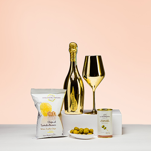 Bottega Gold Prosecco & Snacks Luxury Set in White Gift Box