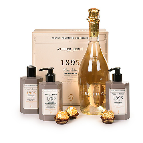 Atelier Rebul 1895 gift box, Bottega Zero Sparkling Life & Ferrero Rocher