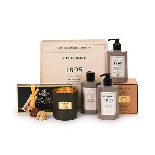 Atelier Rebul 1895 gift box, Hemp Leaves candle & Godiva Truffles