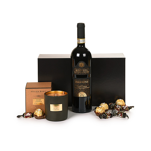 Atelier Rebul Hemp Leaves candle, Amarone Valpolicella wine & chocolates