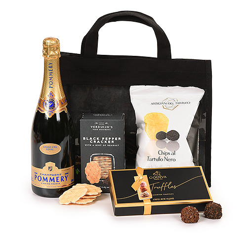Sac cadeau avec Pommery, Godiva & snacks