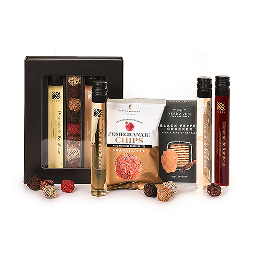 Wine tube and truffles gift bag with snacks