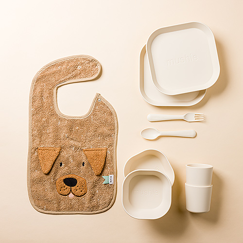 Mushie Dinner Set Ivory & Mr. Dog Bib